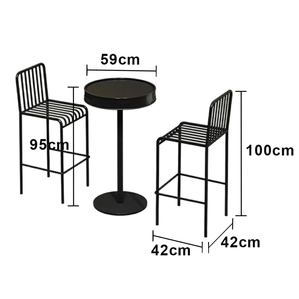 SOLARA 1 Table 2 Chairs Set - Industrial Style Bar Table Design, Durable Iron Frame, Space-Saving Patio Balcony Cafe Dining Set - Black
