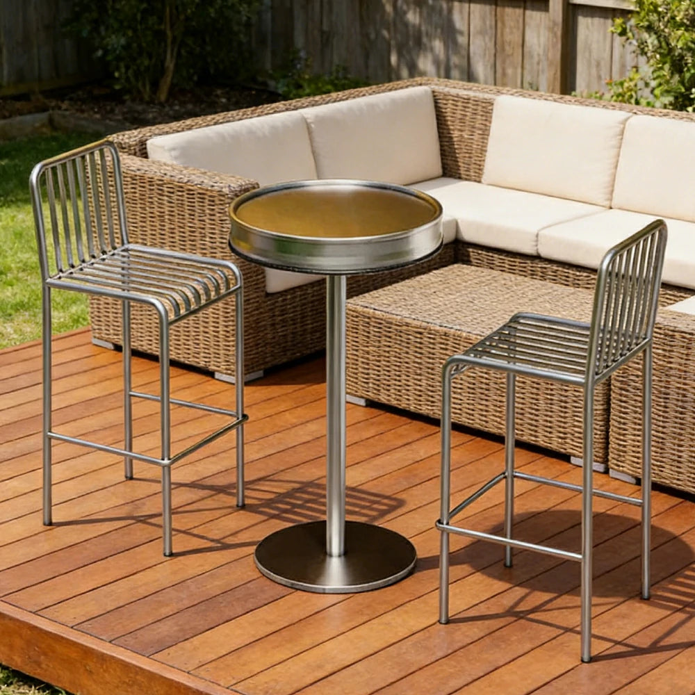 SOLARA 1 Table 2 Chairs Set - Industrial Style Bar Table Design, Durable Iron Frame, Space-Saving Patio Balcony Cafe Dining Set - Silver