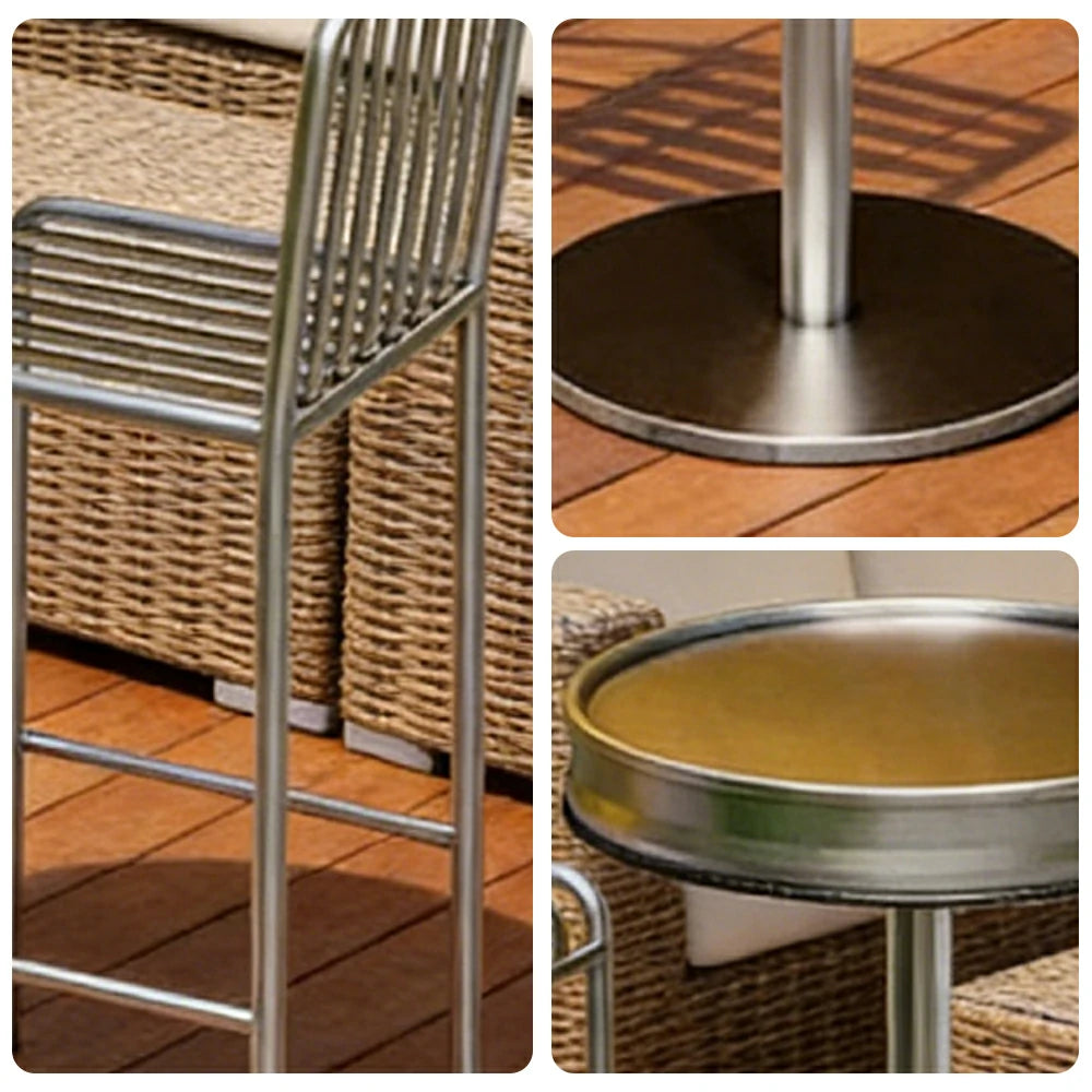 SOLARA 1 Table 2 Chairs Set - Industrial Style Bar Table Design, Durable Iron Frame, Space-Saving Patio Balcony Cafe Dining Set - Silver