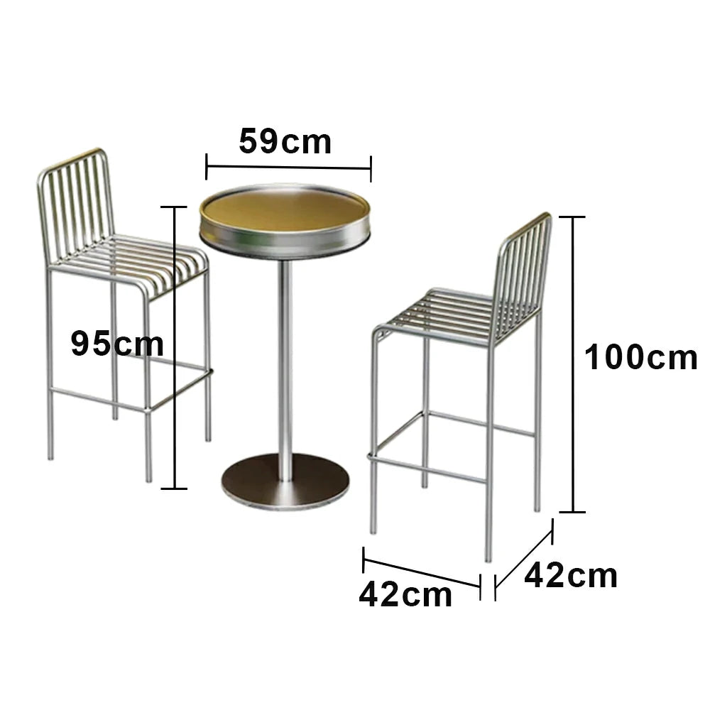 SOLARA 1 Table 2 Chairs Set - Industrial Style Bar Table Design, Durable Iron Frame, Space-Saving Patio Balcony Cafe Dining Set - Silver