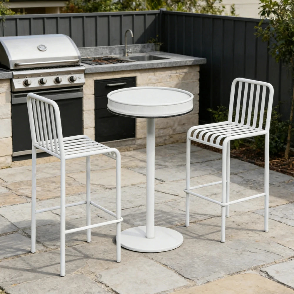 SOLARA 1 Table 2 Chairs Set - Industrial Style Bar Table Design, Durable Iron Frame, Space-Saving Patio Balcony Cafe Dining Set - White