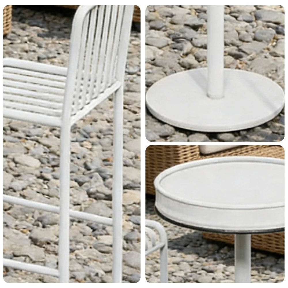 SOLARA 1 Table 2 Chairs Set - Industrial Style Bar Table Design, Durable Iron Frame, Space-Saving Patio Balcony Cafe Dining Set - White