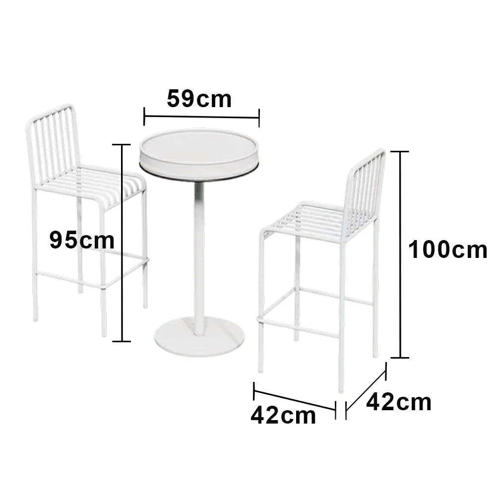 SOLARA 1 Table 2 Chairs Set - Industrial Style Bar Table Design, Durable Iron Frame, Space-Saving Patio Balcony Cafe Dining Set - White