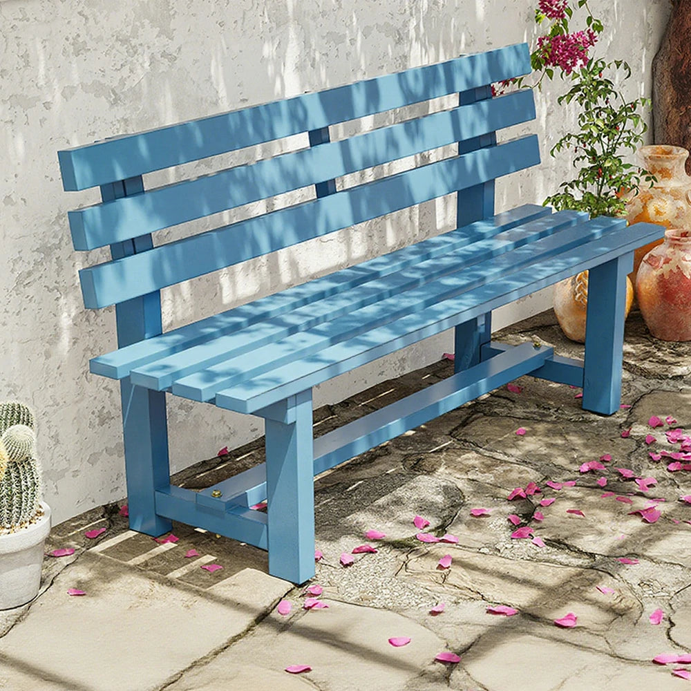 SOLARA Outdoor Wooden Bench - Solid Wood Integrated Frame, 120cm Length, 2.5cm Thick Seat, Garden & Patio Durable Seating - Blue