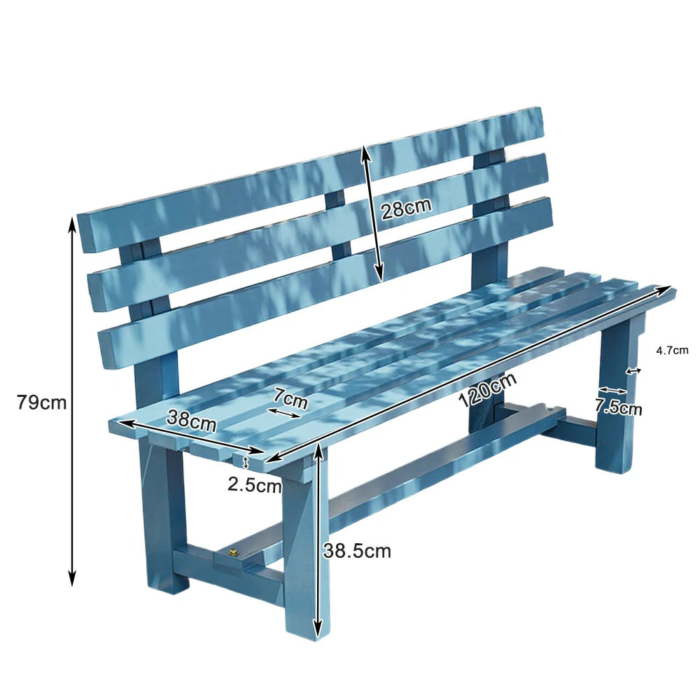 SOLARA Outdoor Wooden Bench - Solid Wood Integrated Frame, 120cm Length, 2.5cm Thick Seat, Garden & Patio Durable Seating - Blue