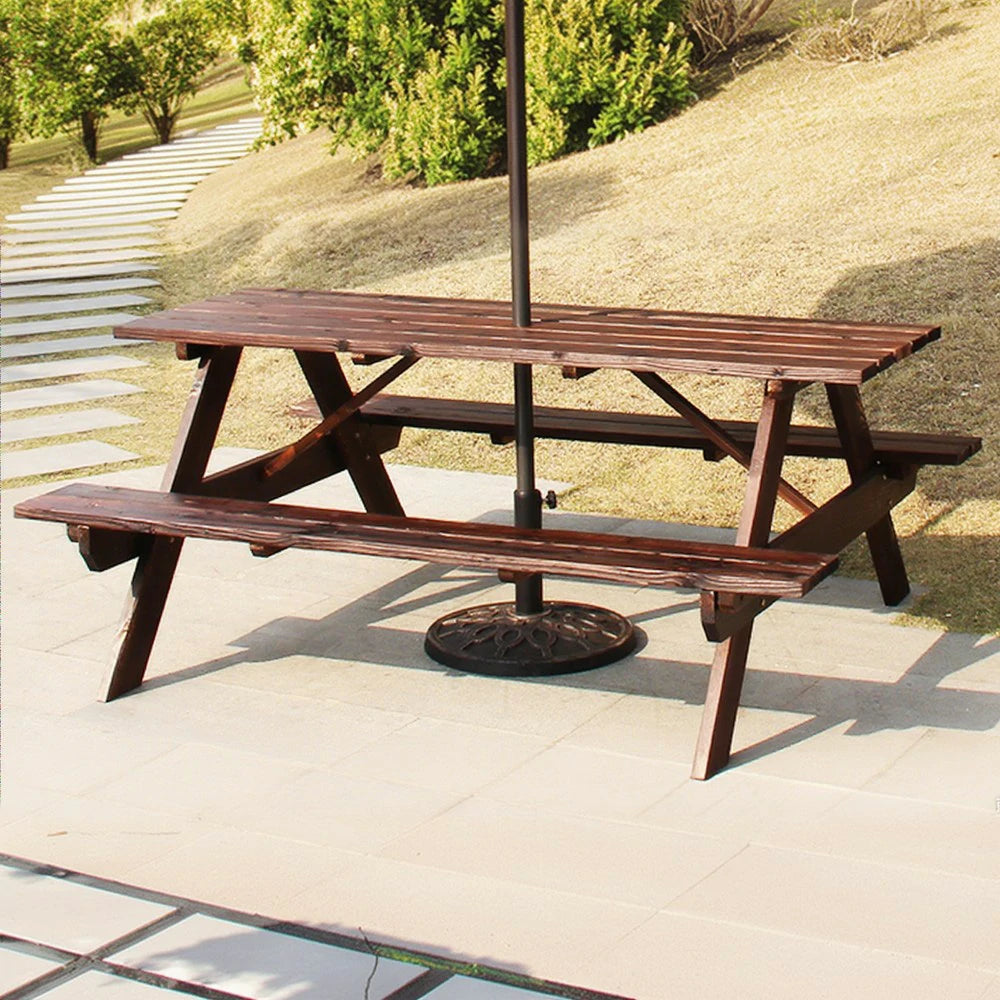 SOLARA Outdoor Table & Bench Set - Durable Wooden Picnic Dining Furniture, Garden & Patio Seating for Family Gatherings - Brown