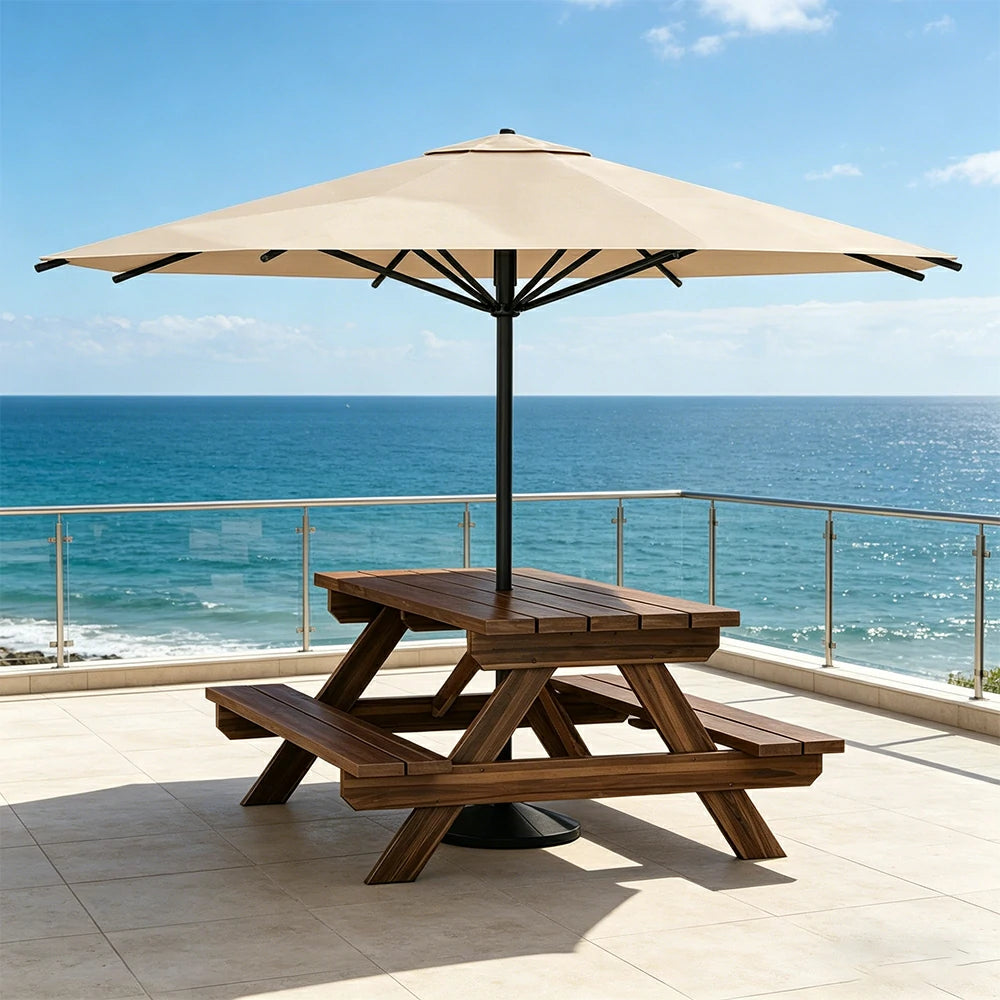 SOLARA Outdoor Table & Bench Set with Umbrella 120/150/180cm - Wooden Picnic Dining Furniture, Garden & Patio Seating with Sunshade & Rain Protection - Beige