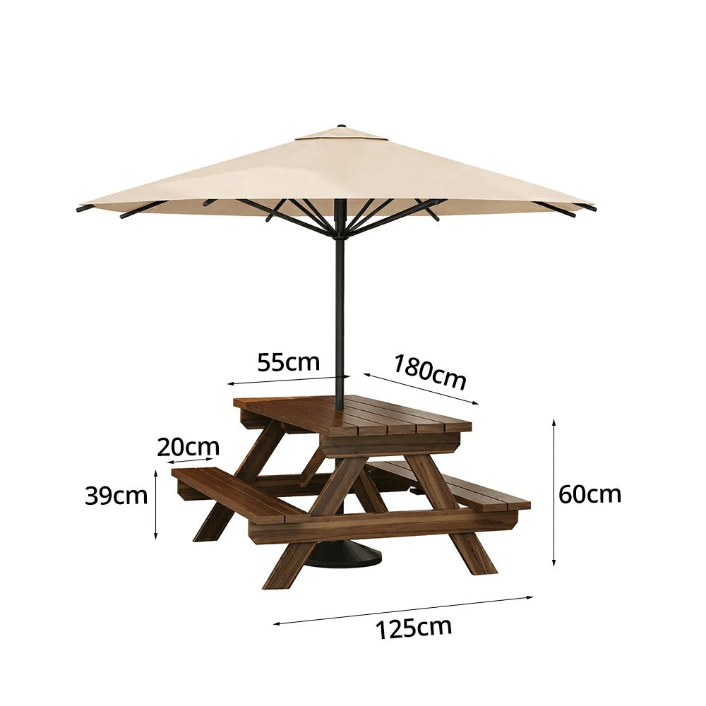 SOLARA Outdoor Table & Bench Set with Umbrella 120/150/180cm - Wooden Picnic Dining Furniture, Garden & Patio Seating with Sunshade & Rain Protection - Beige