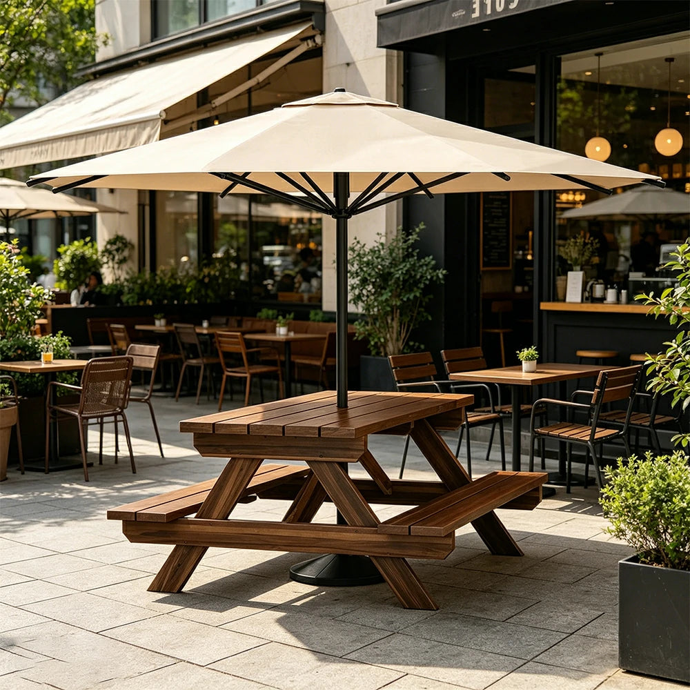 SOLARA Outdoor Table & Bench Set with Umbrella 120/150/180cm - Wooden Picnic Dining Furniture, Garden & Patio Seating with Sunshade & Rain Protection - Beige