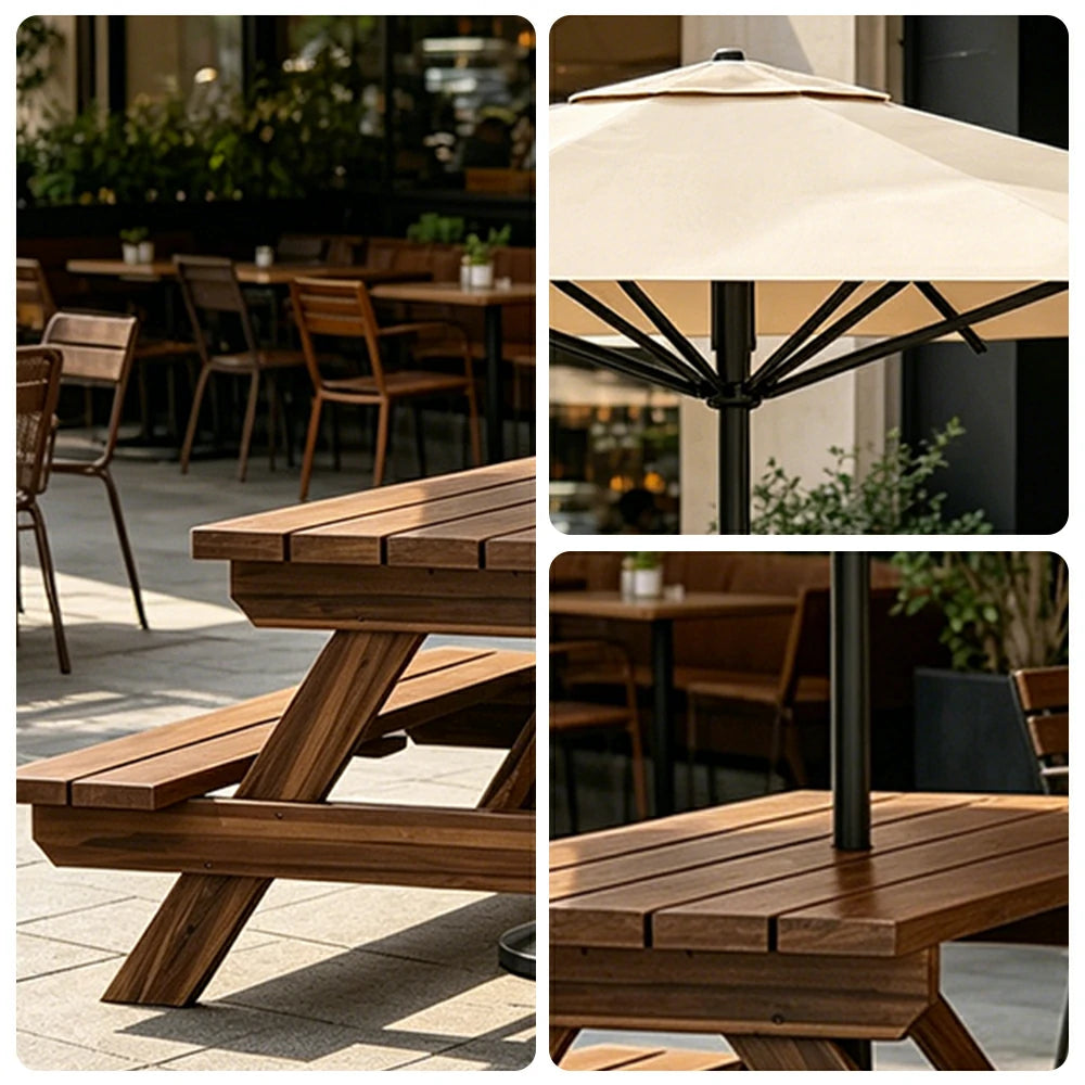 SOLARA Outdoor Table & Bench Set with Umbrella 120/150/180cm - Wooden Picnic Dining Furniture, Garden & Patio Seating with Sunshade & Rain Protection - Beige