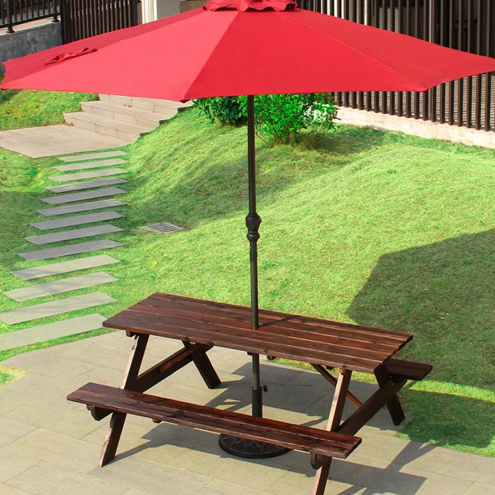 SOLARA Outdoor Table & Bench Set with Umbrella - Wooden Picnic Dining Furniture, Garden & Patio Seating with Sunshade & Rain Protection - Brown