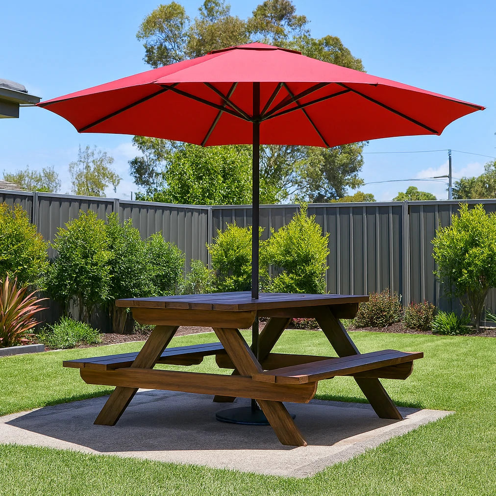 SOLARA Outdoor Table & Bench Set with Umbrella - Wooden Picnic Dining Furniture, Garden & Patio Seating with Sunshade & Rain Protection - Brown
