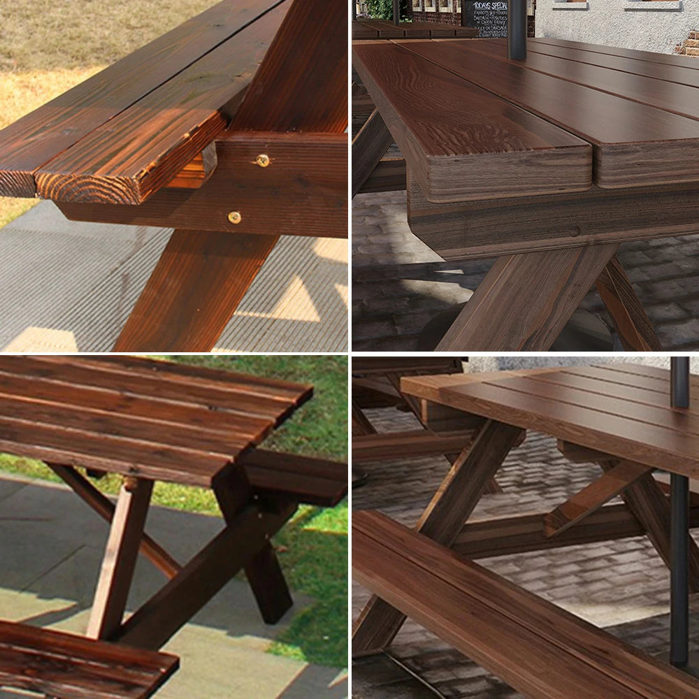 SOLARA Outdoor Table & Bench Set with Umbrella - Wooden Picnic Dining Furniture, Garden & Patio Seating with Sunshade & Rain Protection - Brown