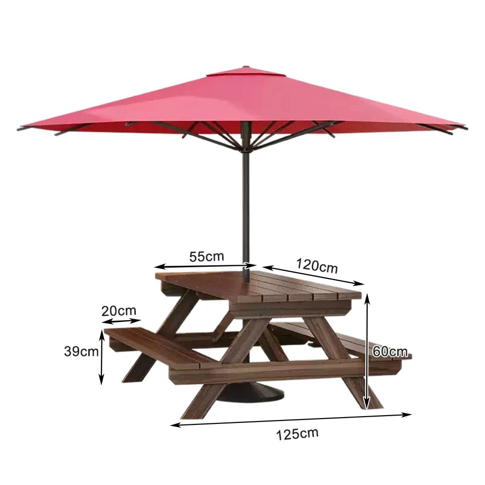 SOLARA Outdoor Table & Bench Set with Umbrella - Wooden Picnic Dining Furniture, Garden & Patio Seating with Sunshade & Rain Protection - Brown