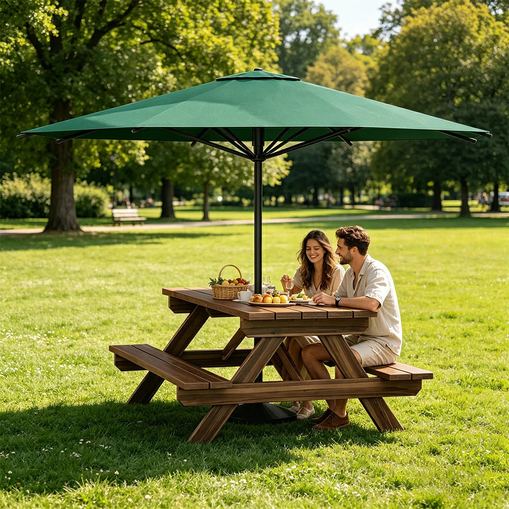SOLARA Outdoor Table & Bench Set with Umbrella 120/150/180cm - Wooden Picnic Dining Furniture, Garden & Patio Seating with Sunshade & Rain Protection - Green