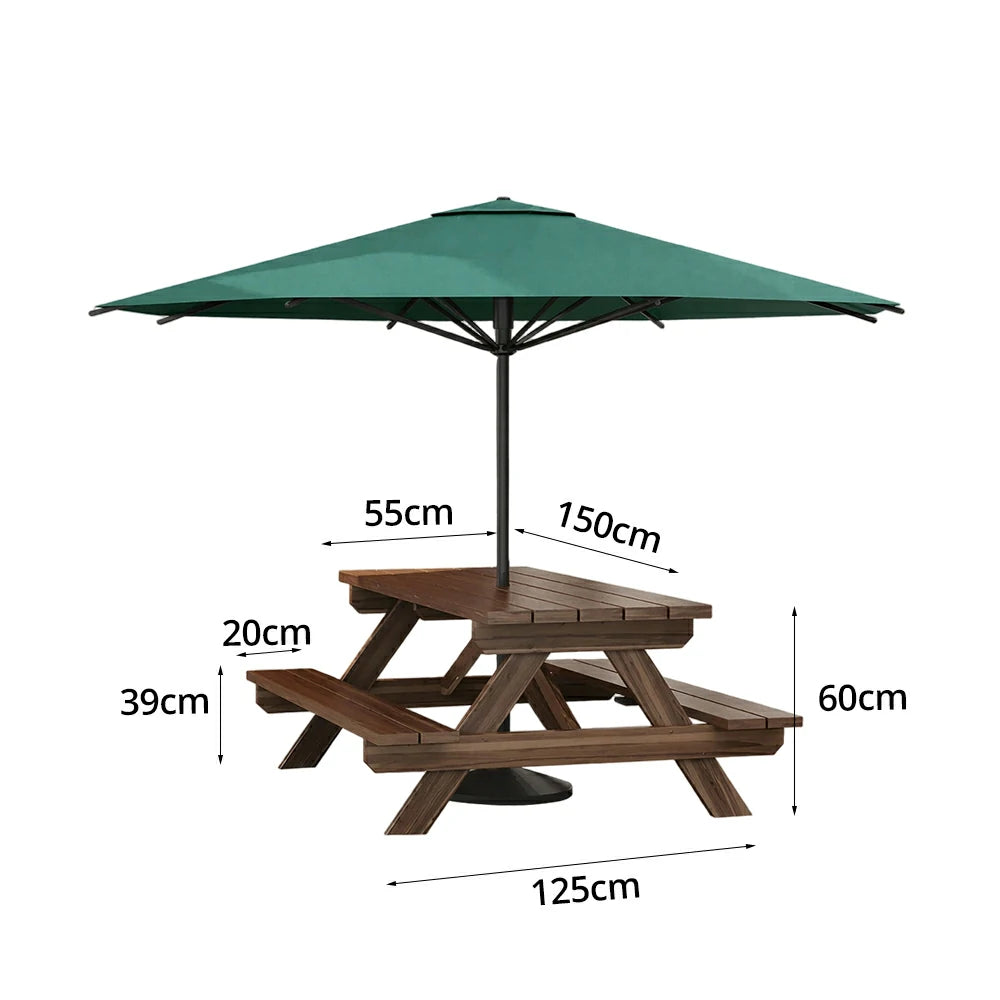 SOLARA Outdoor Table & Bench Set with Umbrella 120/150/180cm - Wooden Picnic Dining Furniture, Garden & Patio Seating with Sunshade & Rain Protection - Green