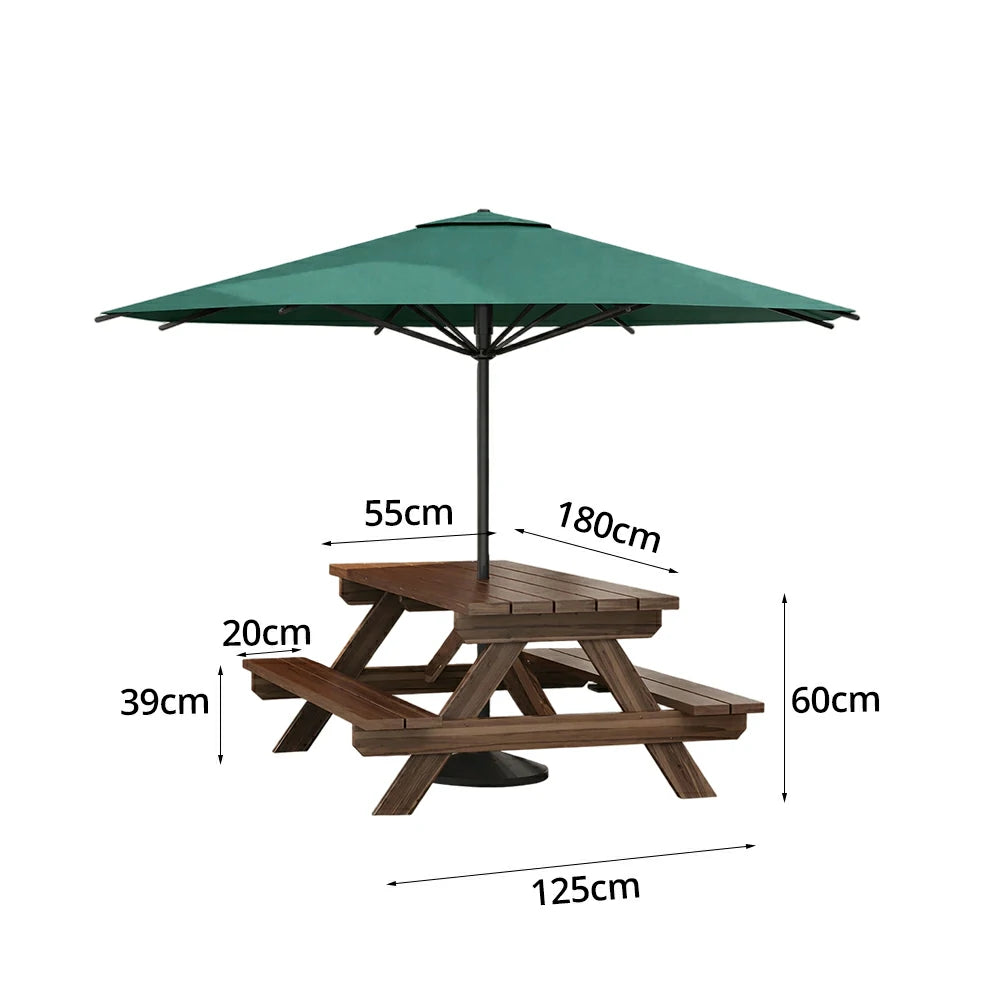 SOLARA Outdoor Table & Bench Set with Umbrella 120/150/180cm - Wooden Picnic Dining Furniture, Garden & Patio Seating with Sunshade & Rain Protection - Green