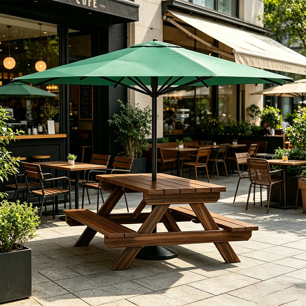 SOLARA Outdoor Table & Bench Set with Umbrella 120/150/180cm - Wooden Picnic Dining Furniture, Garden & Patio Seating with Sunshade & Rain Protection - Green
