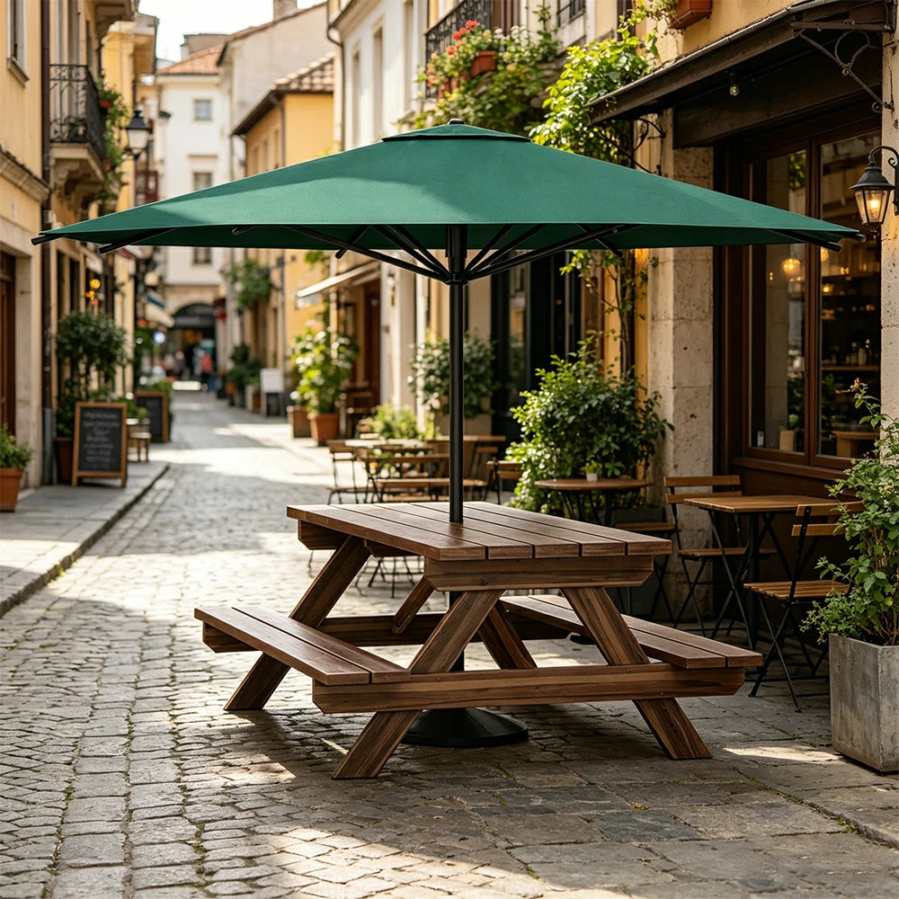 SOLARA Outdoor Table & Bench Set with Umbrella 120/150/180cm - Wooden Picnic Dining Furniture, Garden & Patio Seating with Sunshade & Rain Protection - Green