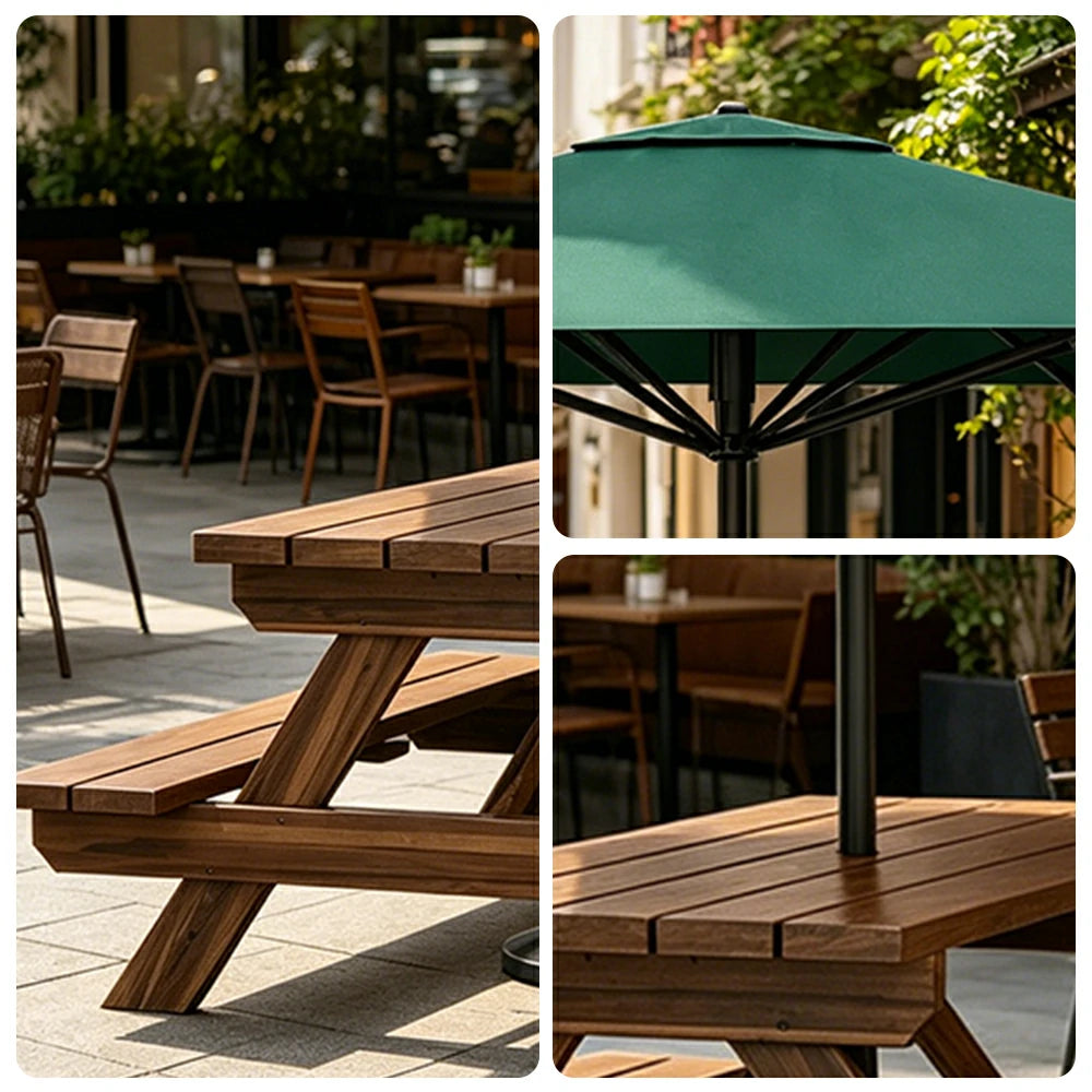 SOLARA Outdoor Table & Bench Set with Umbrella 120/150/180cm - Wooden Picnic Dining Furniture, Garden & Patio Seating with Sunshade & Rain Protection - Green