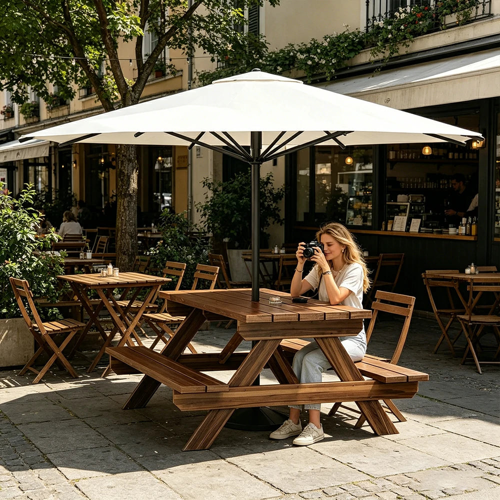 SOLARA Outdoor Table & Bench Set with Umbrella 120/150/180cm - Wooden Picnic Dining Furniture, Garden & Patio Seating with Sunshade & Rain Protection - White