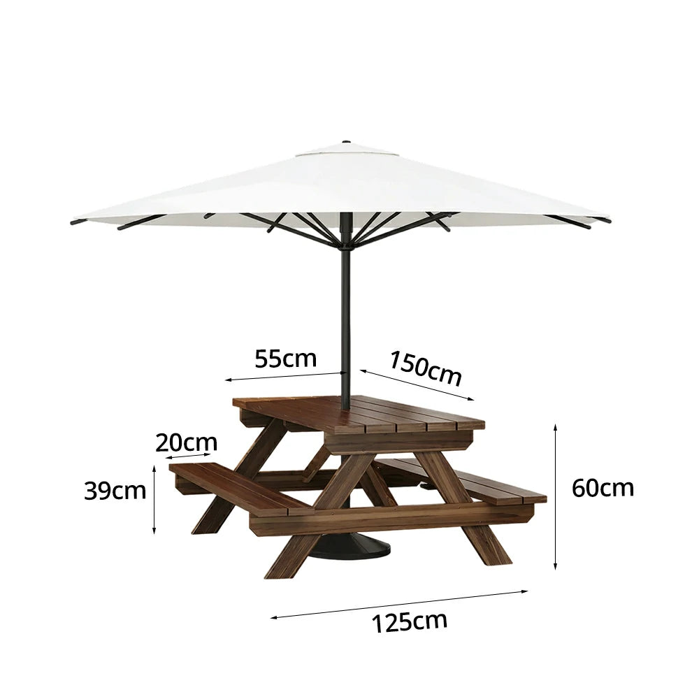 SOLARA Outdoor Table & Bench Set with Umbrella 120/150/180cm - Wooden Picnic Dining Furniture, Garden & Patio Seating with Sunshade & Rain Protection - White