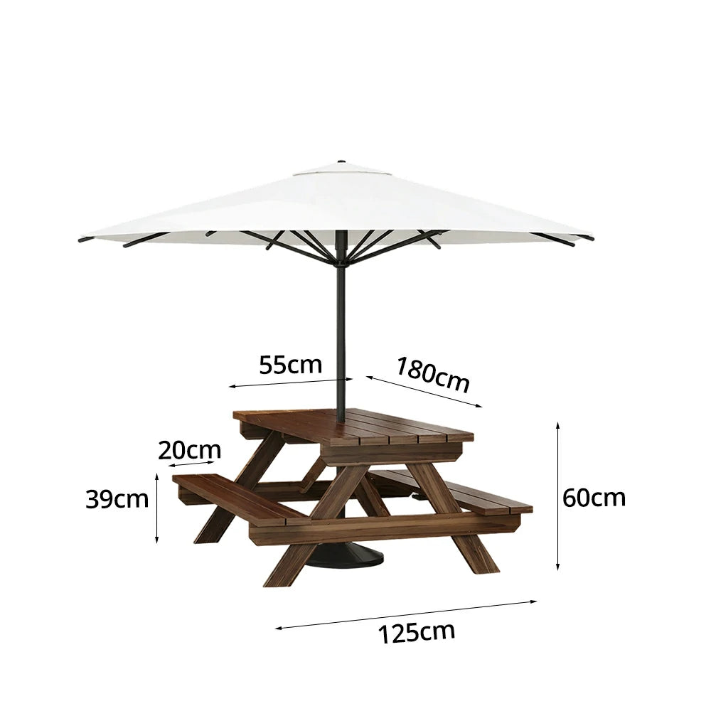 SOLARA Outdoor Table & Bench Set with Umbrella 120/150/180cm - Wooden Picnic Dining Furniture, Garden & Patio Seating with Sunshade & Rain Protection - White