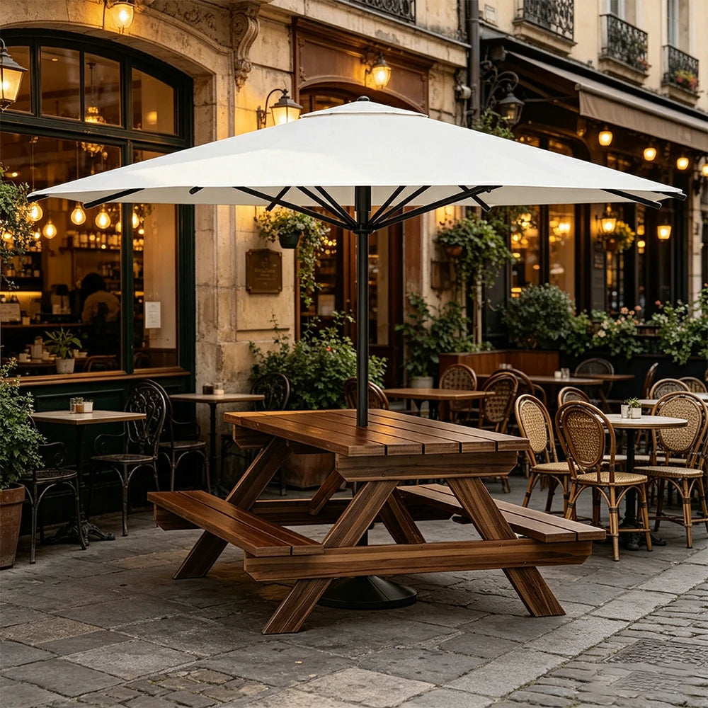 SOLARA Outdoor Table & Bench Set with Umbrella 120/150/180cm - Wooden Picnic Dining Furniture, Garden & Patio Seating with Sunshade & Rain Protection - White