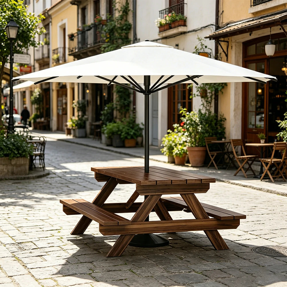 SOLARA Outdoor Table & Bench Set with Umbrella 120/150/180cm - Wooden Picnic Dining Furniture, Garden & Patio Seating with Sunshade & Rain Protection - White