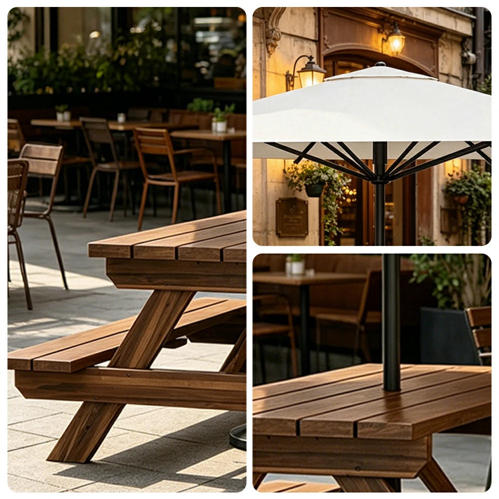 SOLARA Outdoor Table & Bench Set with Umbrella 120/150/180cm - Wooden Picnic Dining Furniture, Garden & Patio Seating with Sunshade & Rain Protection - White