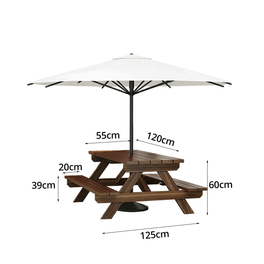 SOLARA Outdoor Table & Bench Set with Umbrella 120/150/180cm - Wooden Picnic Dining Furniture, Garden & Patio Seating with Sunshade & Rain Protection - White