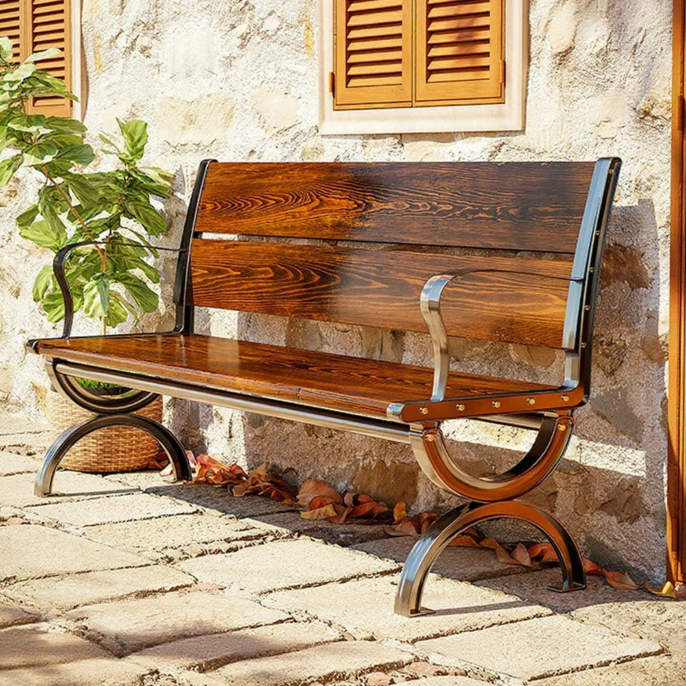 SOLARA Outdoor Bench with Backrest & Solid Metal Frame - Durable Wooden 150cm Garden Seating, Reinforced Structure for Patio & Courtyard Use - Brown