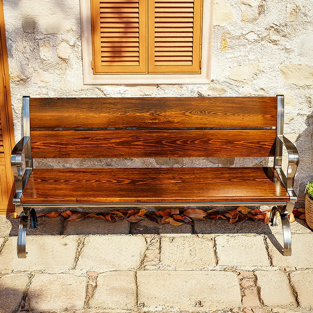 SOLARA Outdoor Bench with Backrest & Solid Metal Frame - Durable Wooden 150cm Garden Seating, Reinforced Structure for Patio & Courtyard Use - Brown