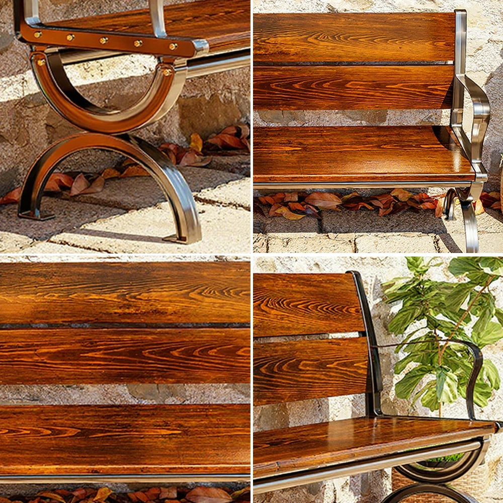 SOLARA Outdoor Bench with Backrest & Solid Metal Frame - Durable Wooden 150cm Garden Seating, Reinforced Structure for Patio & Courtyard Use - Brown