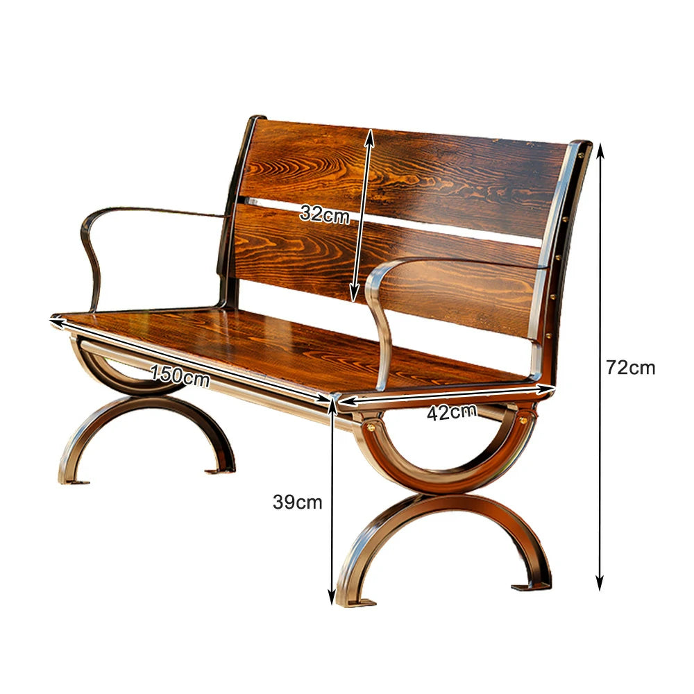 SOLARA Outdoor Bench with Backrest & Solid Metal Frame - Durable Wooden 150cm Garden Seating, Reinforced Structure for Patio & Courtyard Use - Brown