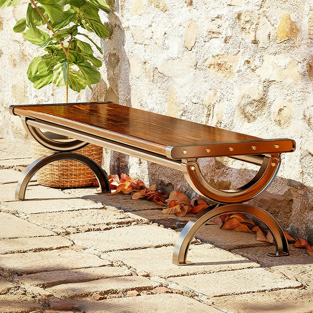 SOLARA Outdoor Bench with Solid Metal Frame - Durable Wooden 150cm Garden Seating, One-Piece Board Design, Reinforced Structure for Patio & Courtyard Use - Brown