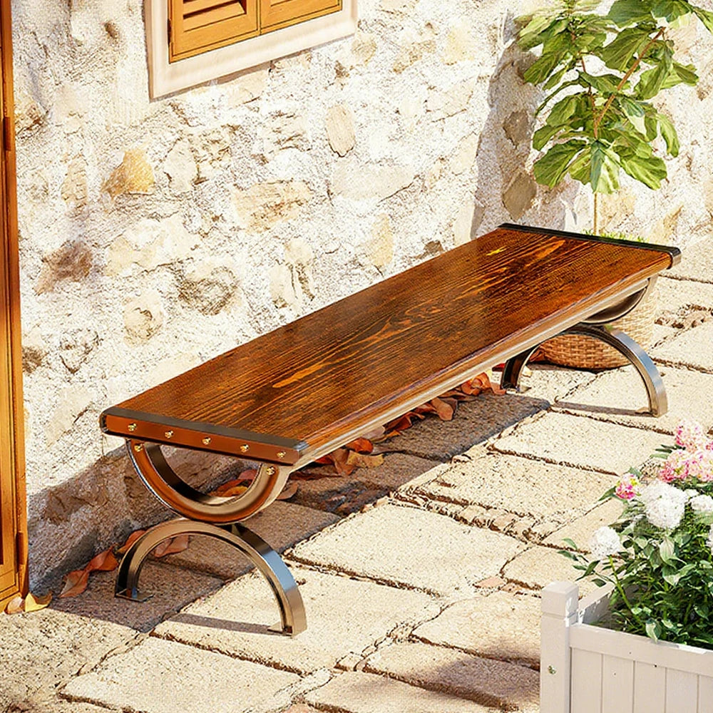 SOLARA Outdoor Bench with Solid Metal Frame - Durable Wooden 150cm Garden Seating, One-Piece Board Design, Reinforced Structure for Patio & Courtyard Use - Brown