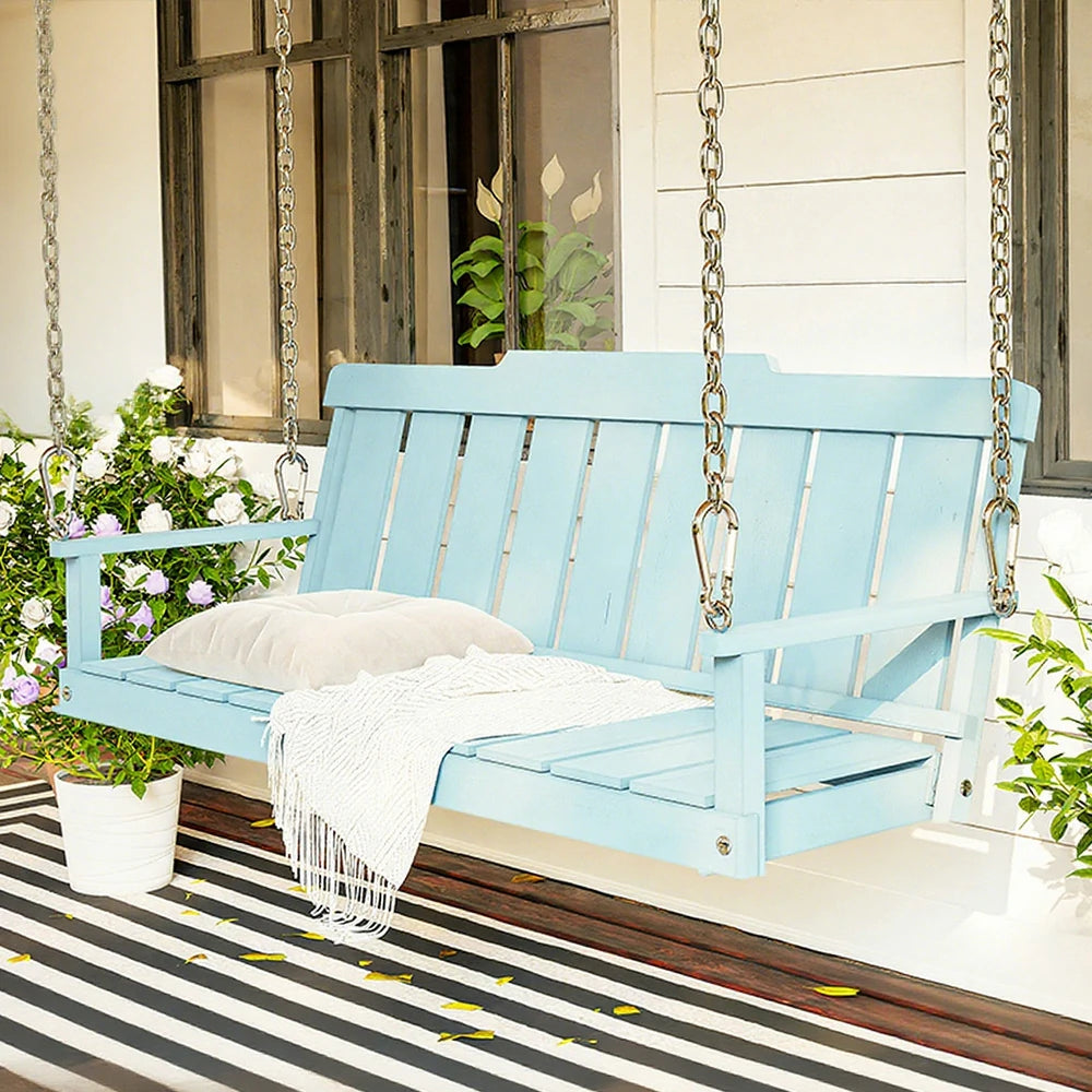 SOLARA Outdoor Swing Hanging Chair with Backrest - Finnish Solid Wood with Stainless Steel Chain, 120cm Garden & Patio Relaxation Seat - Blue