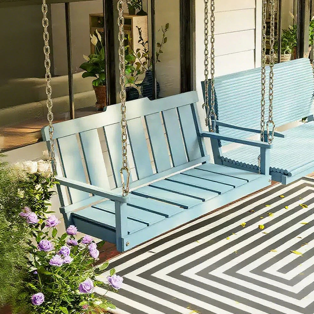 SOLARA Outdoor Swing Hanging Chair with Backrest - Finnish Solid Wood with Stainless Steel Chain, 120cm Garden & Patio Relaxation Seat - Blue