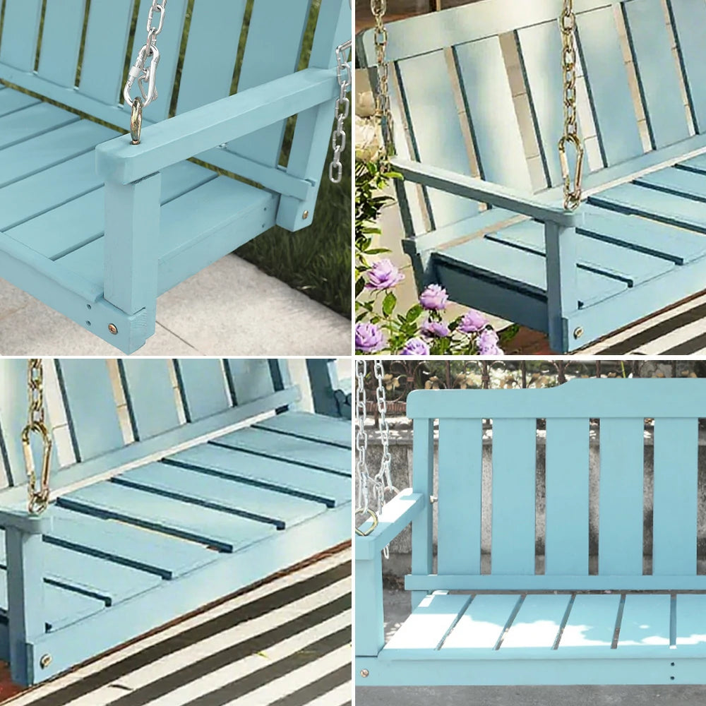 SOLARA Outdoor Swing Hanging Chair with Backrest - Finnish Solid Wood with Stainless Steel Chain, 120cm Garden & Patio Relaxation Seat - Blue