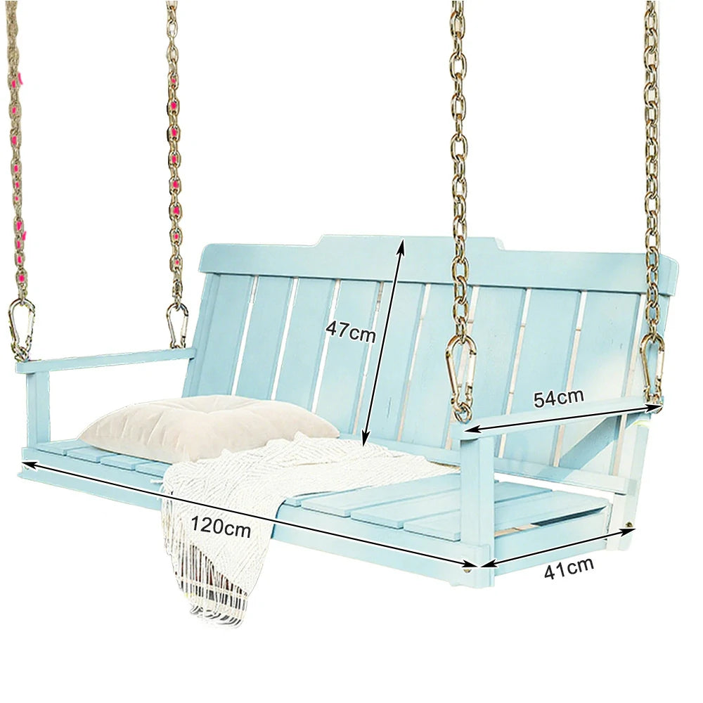 SOLARA Outdoor Swing Hanging Chair with Backrest - Finnish Solid Wood with Stainless Steel Chain, 120cm Garden & Patio Relaxation Seat - Blue