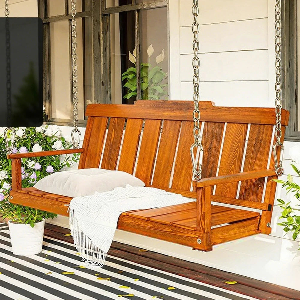 SOLARA Outdoor Swing Hanging Chair with Backrest - Finnish Solid Wood with Stainless Steel Chain, 120cm Garden & Patio Relaxation Seat - Brown