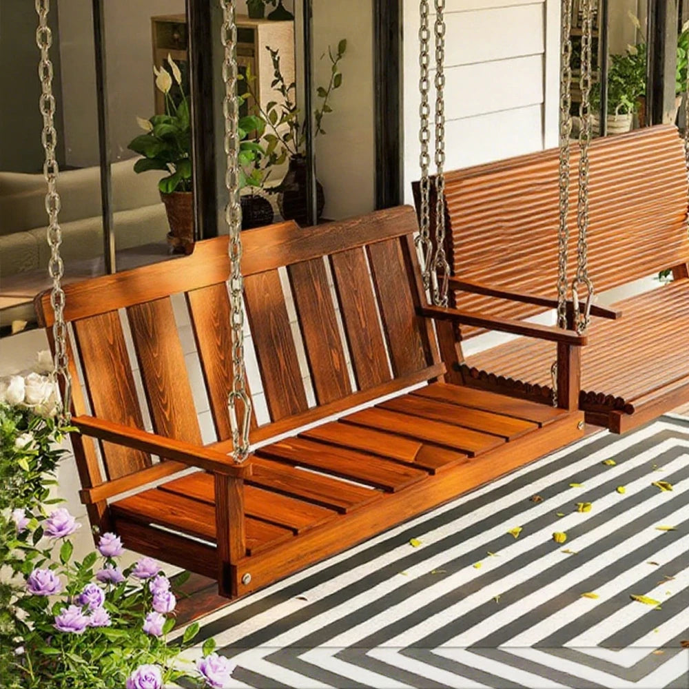 SOLARA Outdoor Swing Hanging Chair with Backrest - Finnish Solid Wood with Stainless Steel Chain, 120cm Garden & Patio Relaxation Seat - Brown