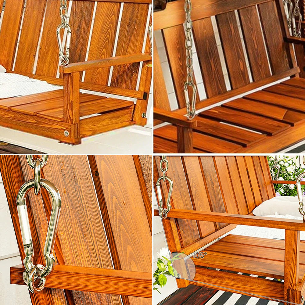 SOLARA Outdoor Swing Hanging Chair with Backrest - Finnish Solid Wood with Stainless Steel Chain, 120cm Garden & Patio Relaxation Seat - Brown