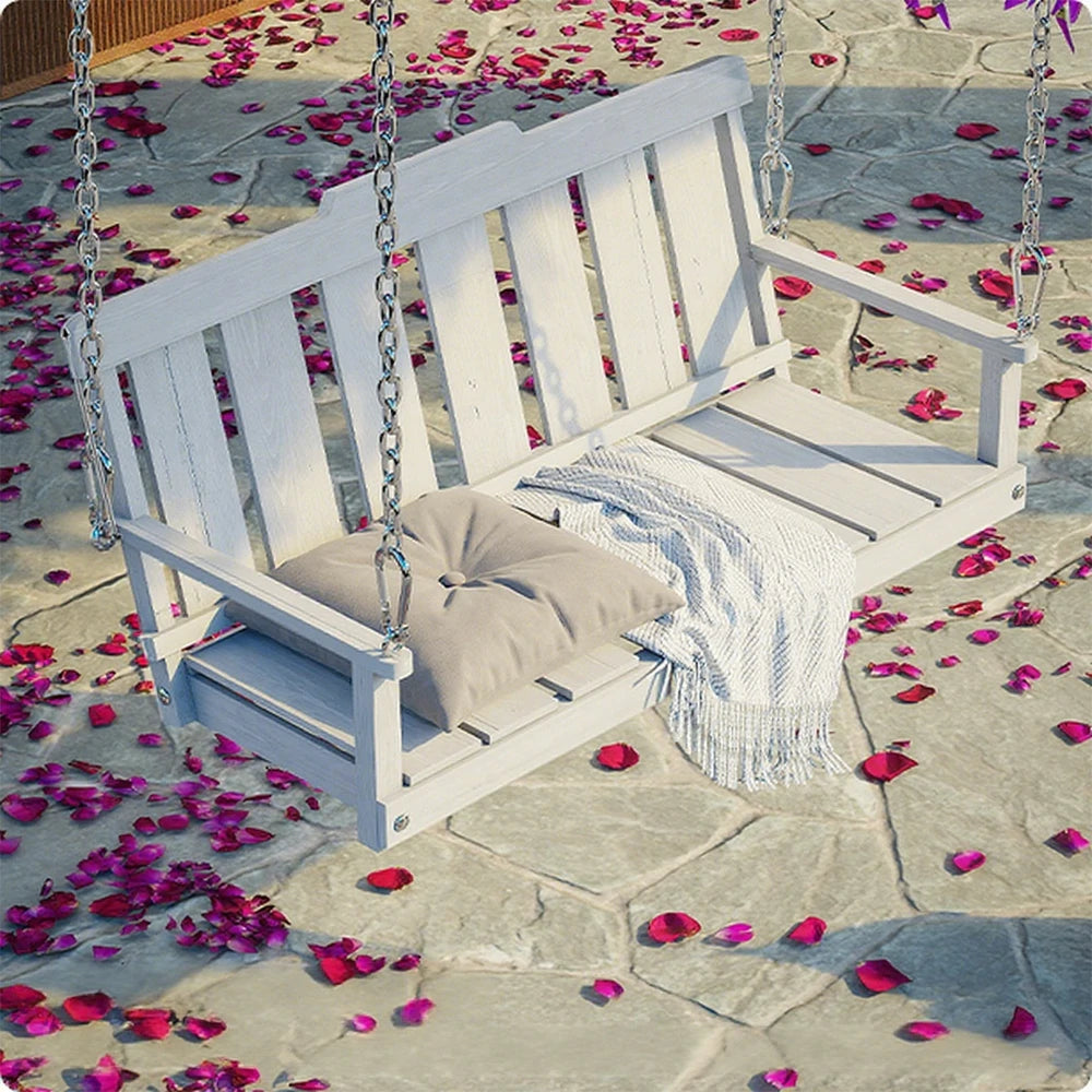 SOLARA Outdoor Swing Hanging Chair with Backrest - Finnish Solid Wood with Stainless Steel Chain, 120cm Garden & Patio Relaxation Seat - White