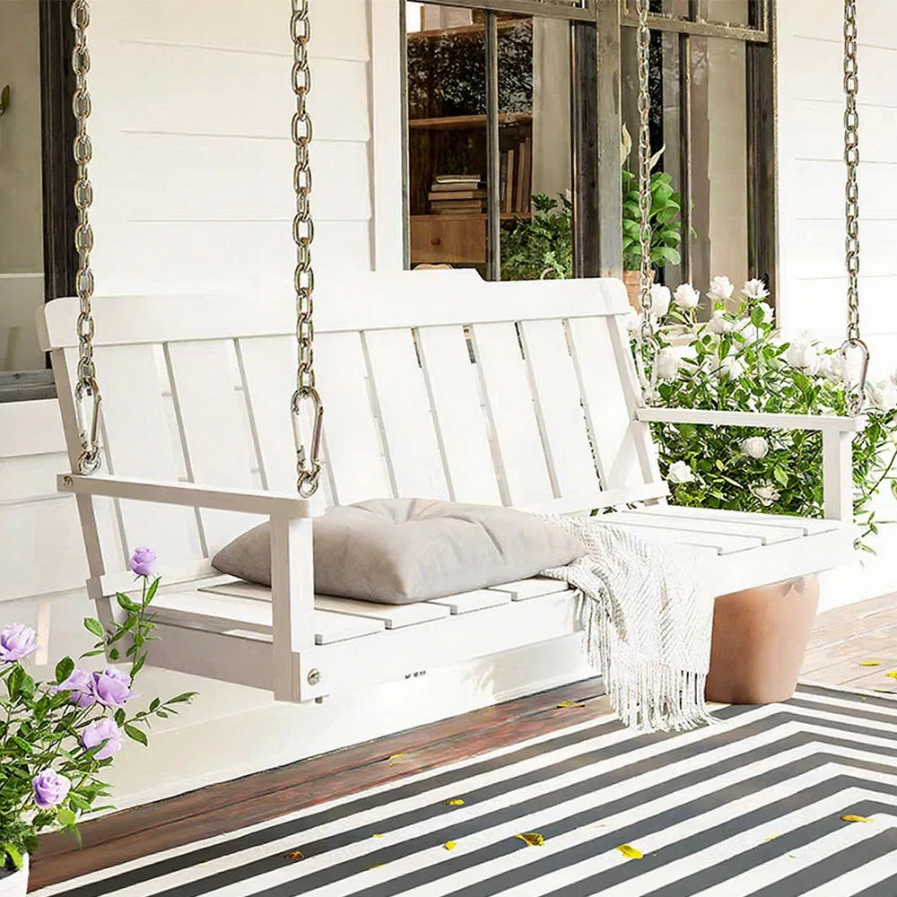 SOLARA Outdoor Swing Hanging Chair with Backrest - Finnish Solid Wood with Stainless Steel Chain, 120cm Garden & Patio Relaxation Seat - White