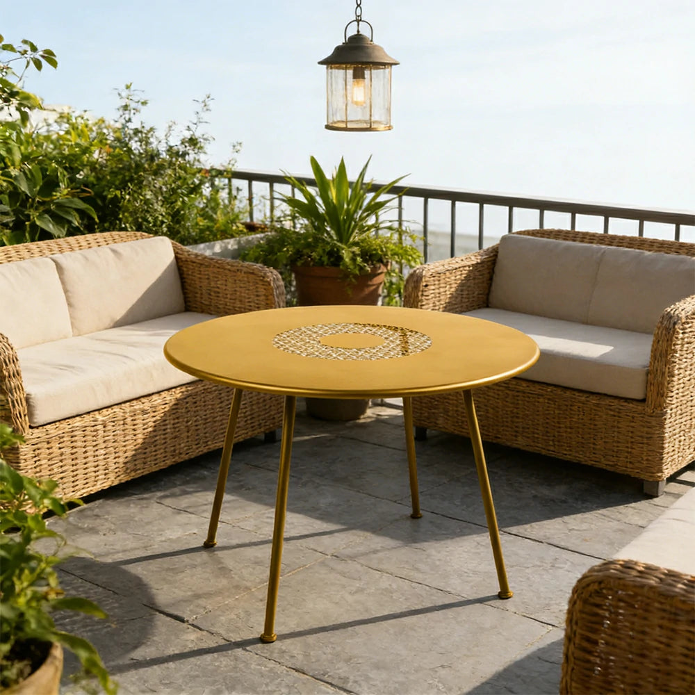 SOLARA Outdoor Round Table Weather-Resistant Rust-Resistant Metal Frame Easy-Clean Design with Rounded Safety Edges - Yellow