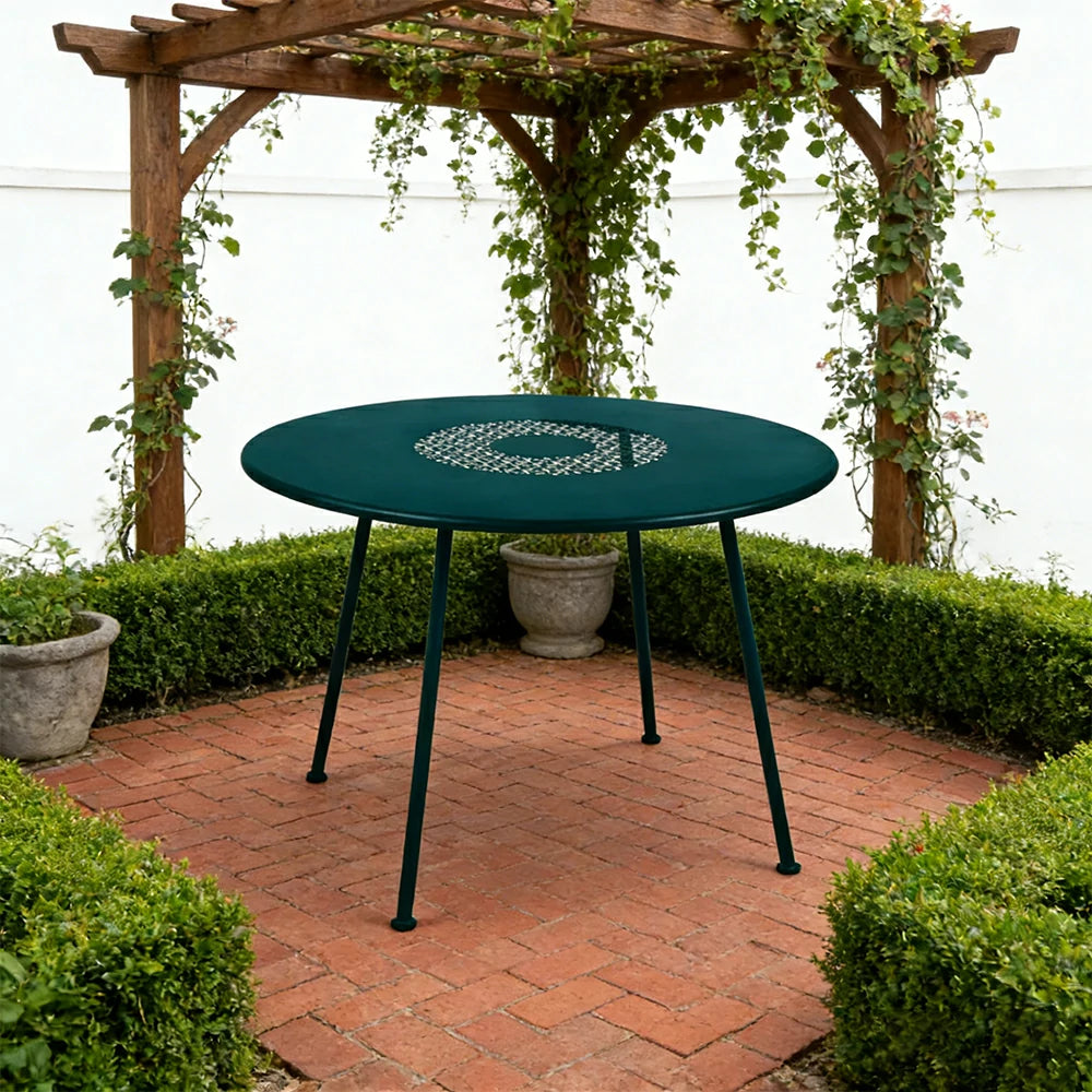 SOLARA Outdoor Round Table Weather-Resistant Rust-Resistant Metal Frame Easy-Clean Design with Rounded Safety Edges - Blue