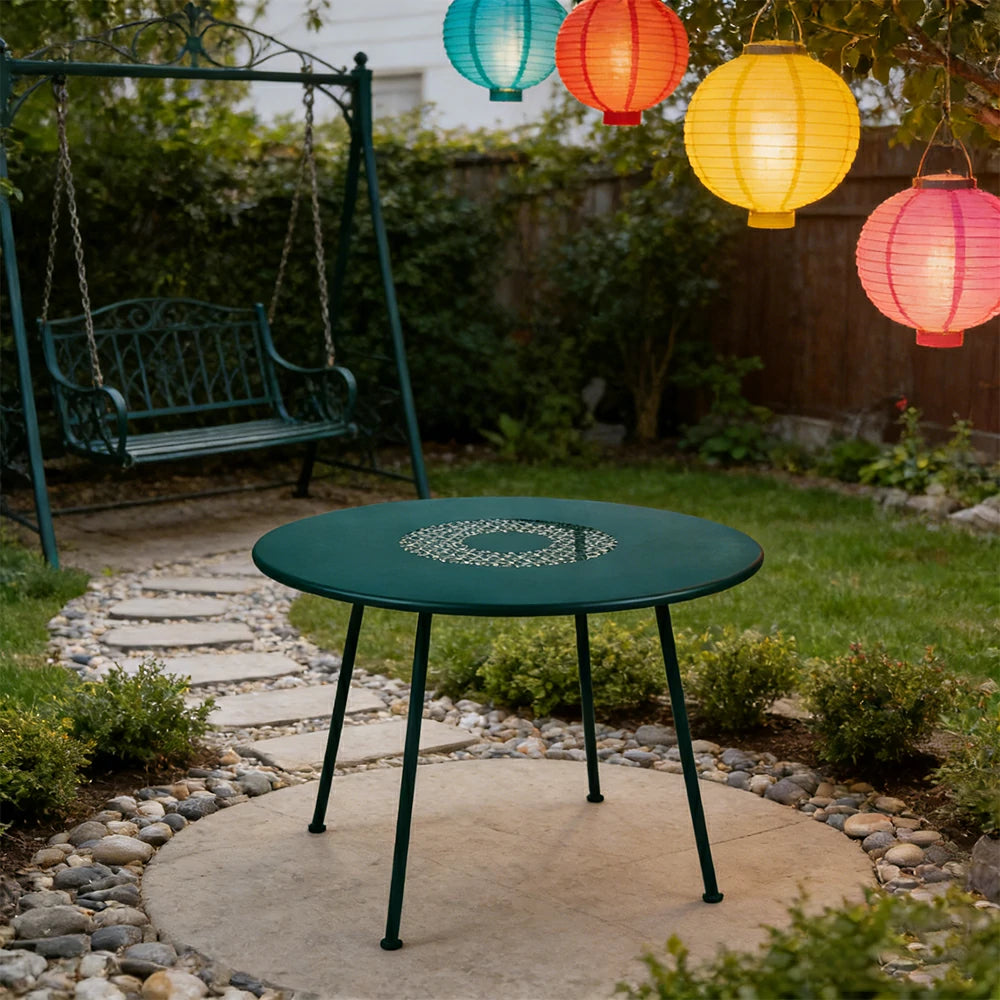 SOLARA Outdoor Round Table Weather-Resistant Rust-Resistant Metal Frame Easy-Clean Design with Rounded Safety Edges - Blue