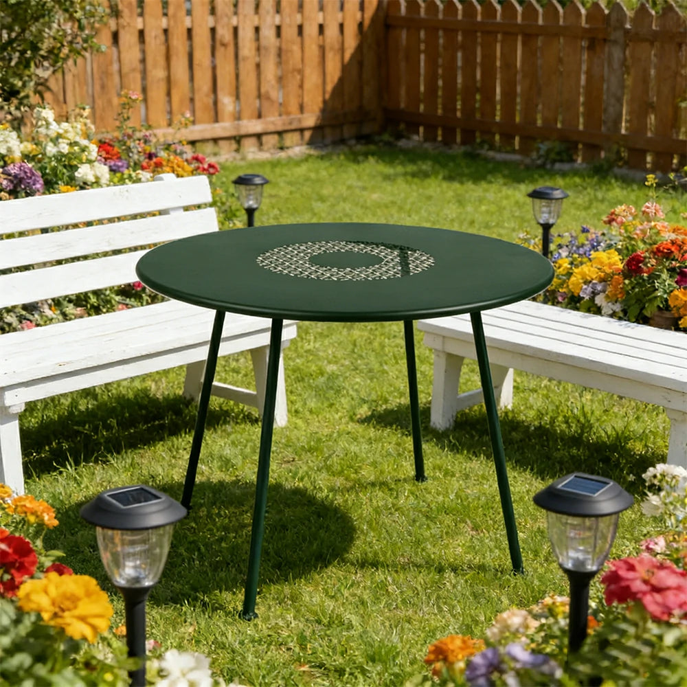 SOLARA Outdoor Round Table Weather-Resistant Rust-Resistant Metal Frame Easy-Clean Design with Rounded Safety Edges - Green